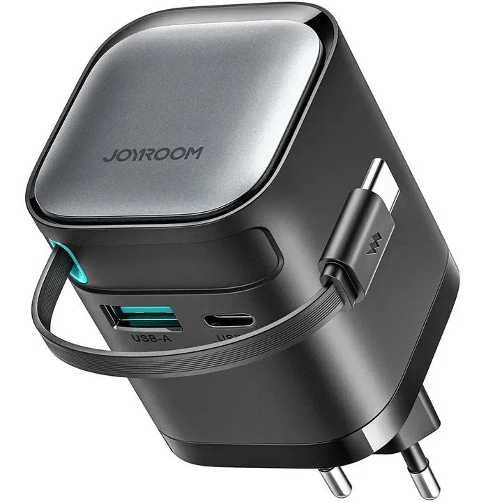 شاحن جوي روم JR-TCL02 GaN بقدرة 65W مع USB-C وUSB-A وكيبل USB-C مدمج أسود