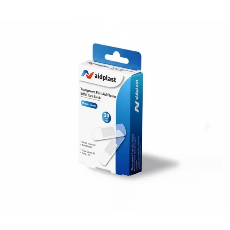 لاصقات إسعافات أولية شفافة Aidplast مقاس 19 × 72 ملم مقاومة للماء – 20 قطعة