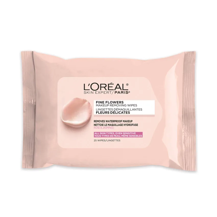 مزيل مكياج لوريال باريس L'Oréal Paris، غسول الوجه بالزهور الجميلة، مناديل تنظيف وإزالة المكياج بخلاصة زهرة الورد والياسمين، 25 منديل