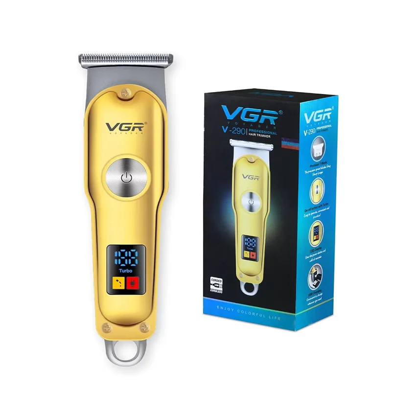 ماكينة حلاقة في جي آر VGR – ماكينة قص الشعر الاحترافية V – 290 مع شاشة LED وقت التشغيل: ماكينة تشذيب 120 دقيقة للرجال (ذهبي)