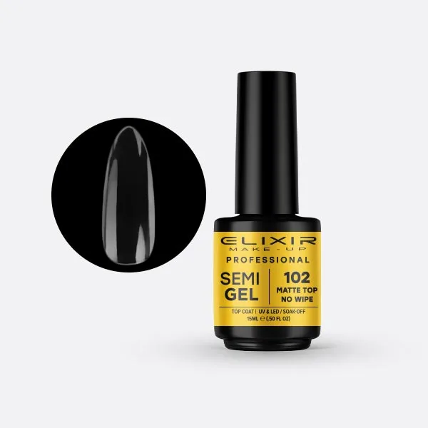 توب كوت جل أظافر إليكسير Elixir – إكسير برو. ورنيش شبه دائم 15 مل – #102 (طبقة علوية غير لامعة بدون مسح)