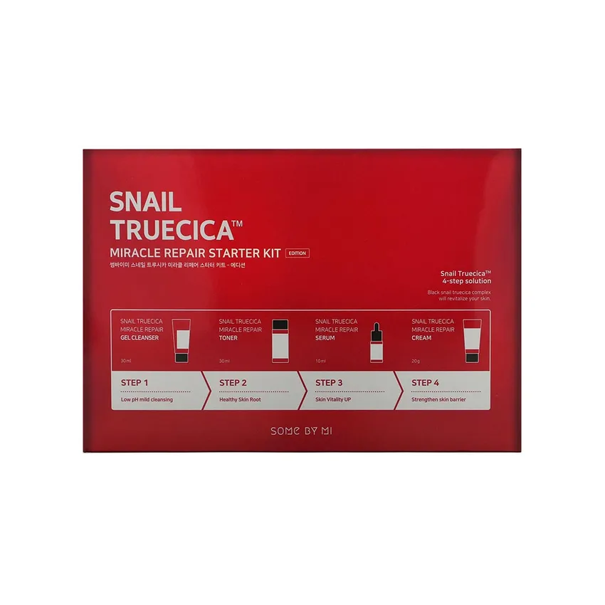 مجموعة منتجات سوم باي مي Some By Mi – مجموعة البداية Snail Truecica Miracle Repair: تونر 30 مل، سيروم 10 مل، منظف جل 30 مل، كريم 20 مل