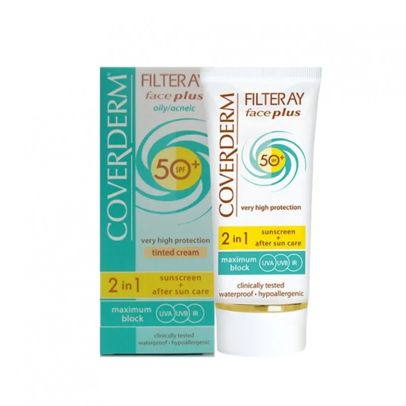 واقي شمس كوفرديرم – كريم Coverderm Filteray Face Plus Oily Acneic SPF50+ بتركيبة مخصصة للحماية العالية جدًا، هو كريم ملون بلمسة لون البيج ال