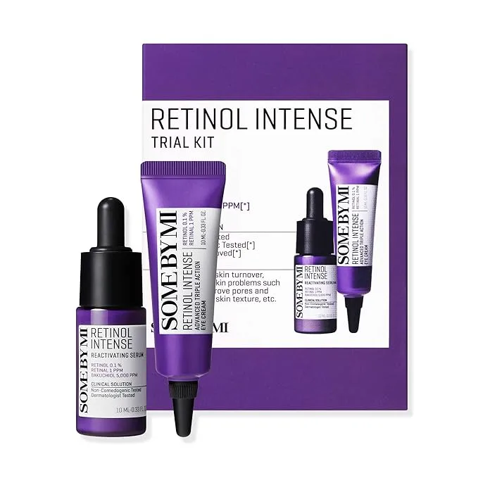 مجموعة منتجات سوم باي مي – مجموعة SOME BY MI Retinol Intense Trial Kit - سيروم وكريم للعين، 0.33 أونصة - سيروم كوري خفيف للوجه والعين بنسبة 0.1% ري