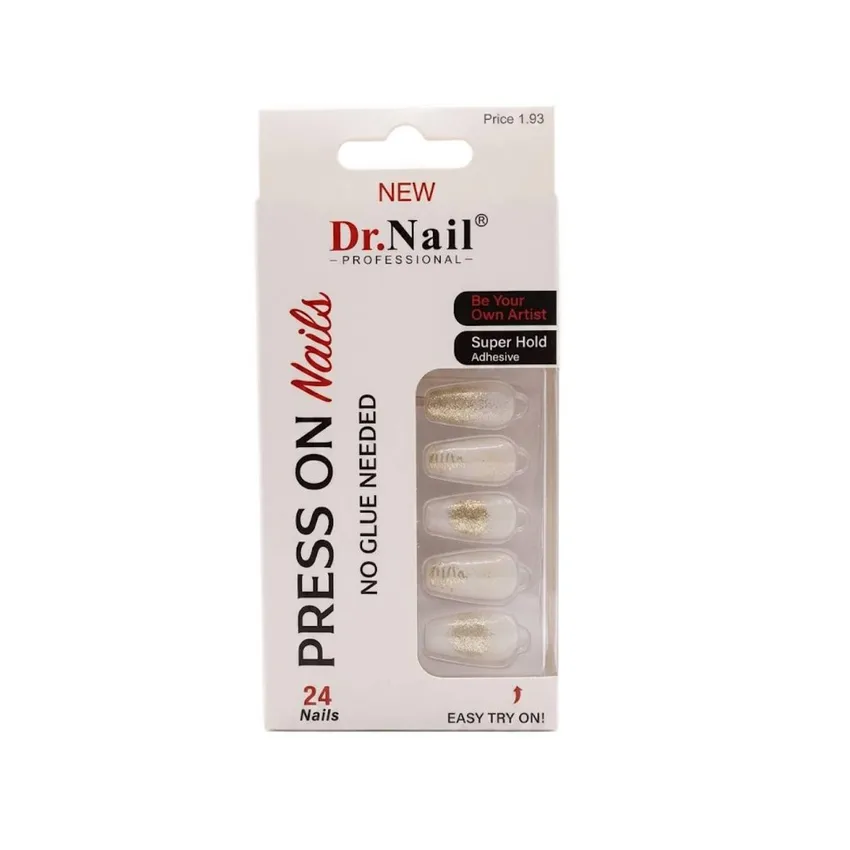 أظافر جل أبيض حليبي وجليتر ذهبي 28 ظفر – دكتور نيل Dr. Nail