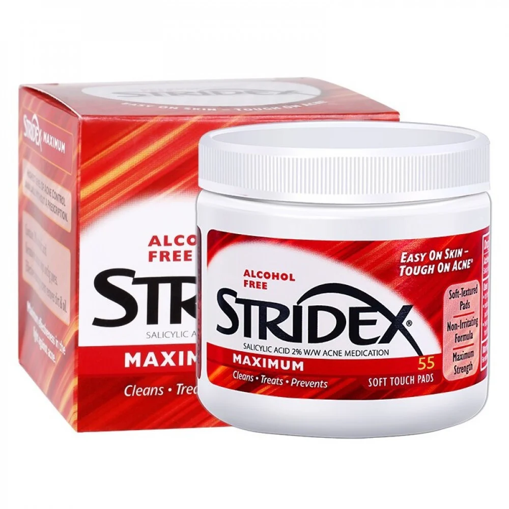 ستريدكس مسحات لعلاج حب الشباب بحمض الساليسيليك 2% خالية من الكحول 55 قطعة | Stridex Maximum