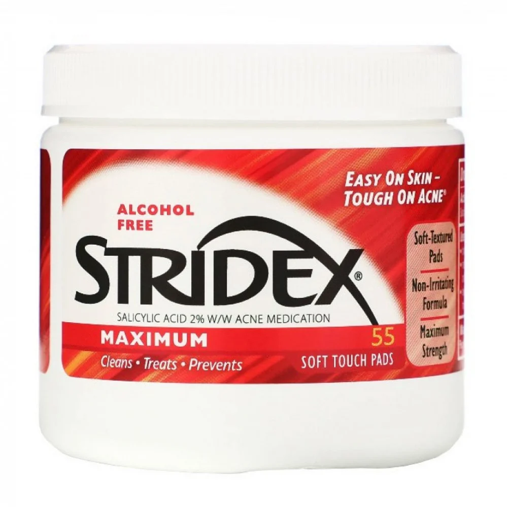 ستريدكس مسحات لعلاج حب الشباب بحمض الساليسيليك 2% خالية من الكحول 55 قطعة | Stridex Maximum