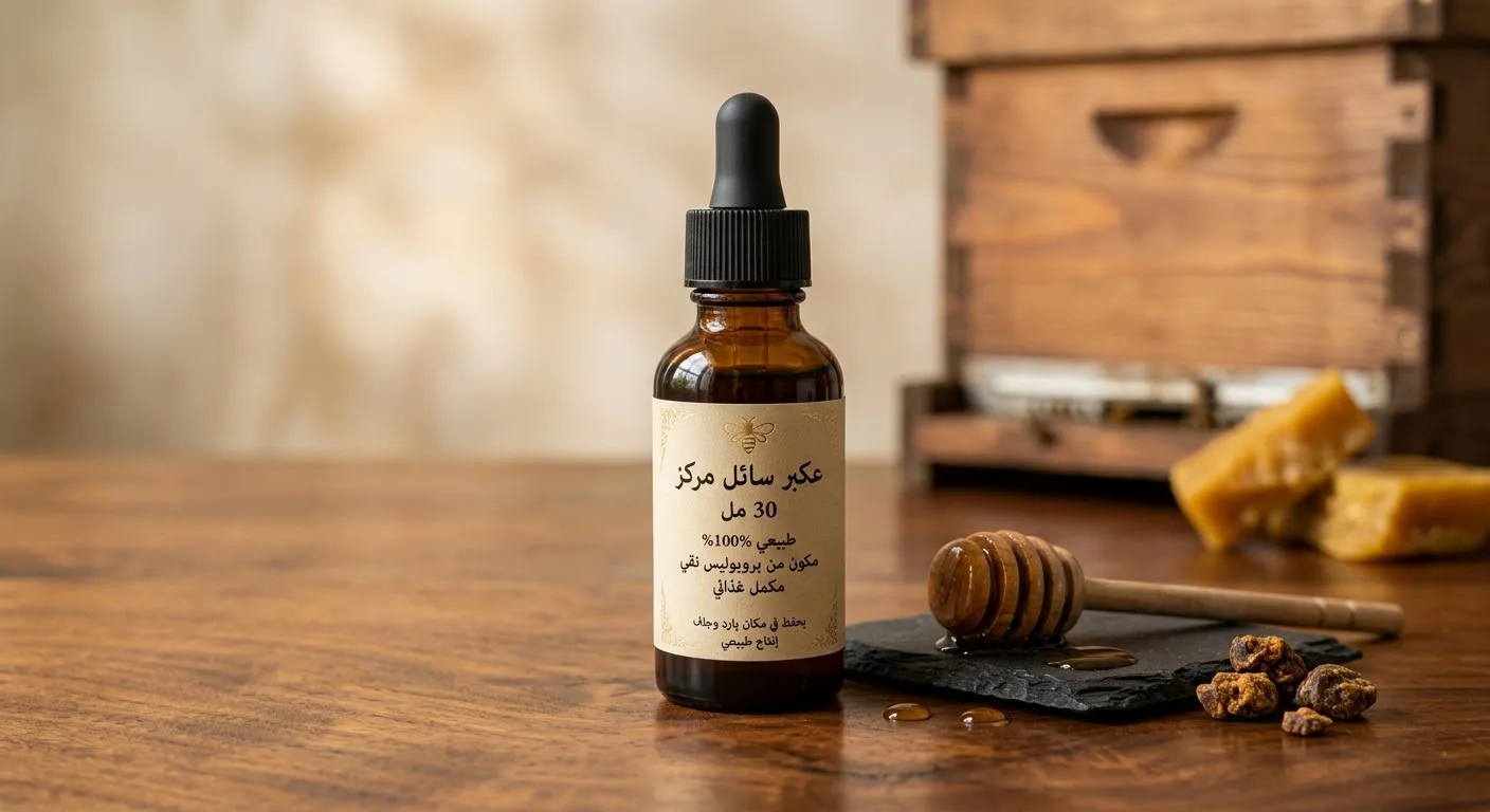 العكبر بروبوليس 30 مل – مستخلص صمغ النحل المركز بحجم 30 مل للاستخدام اليومي – منتج من خلية النحل غني بالمركبات النباتية الطبيعية ومناسب للمهتمين بمنتجات النحل والعسل ضمن الروتين الغذائي اليومي – عسل خ