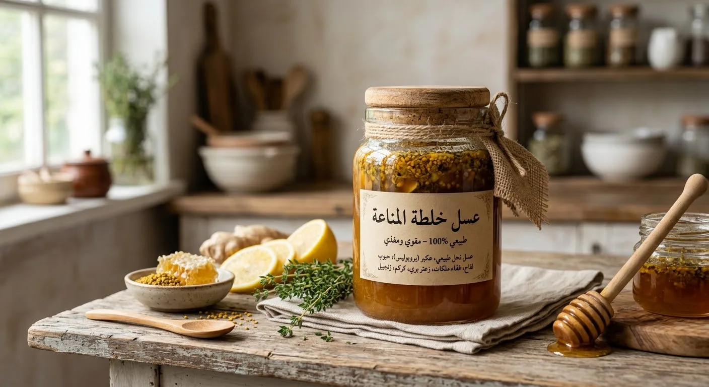 خلطة المناعة بالعسل الطبيعي – نصف كيلو – مزيج عسل غني للاستخدام اليومي ودعم التغذية المتوازنة والحيوية والنشاط العام – خلطة عسل مميزة للعائلة بمذاق غني مناسبة للفطور والمشروبات والروتين الغذائي اليومي
