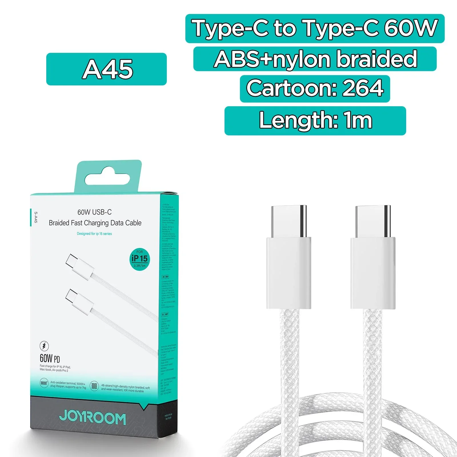 كيبل جوي روم S-A45 Ben Series USB-C إلى USB-C بقدرة 60W أبيض 1 متر
