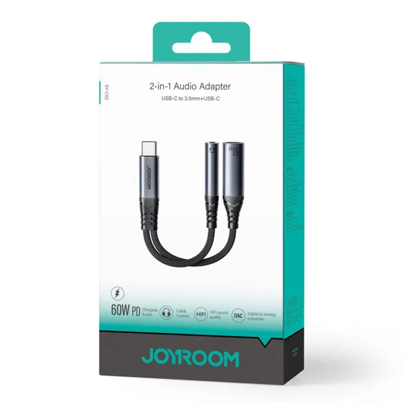 محول جوي روم SY-C02 USB-C إلى USB-C و3.5 مم شحن وصوت 60W أسود