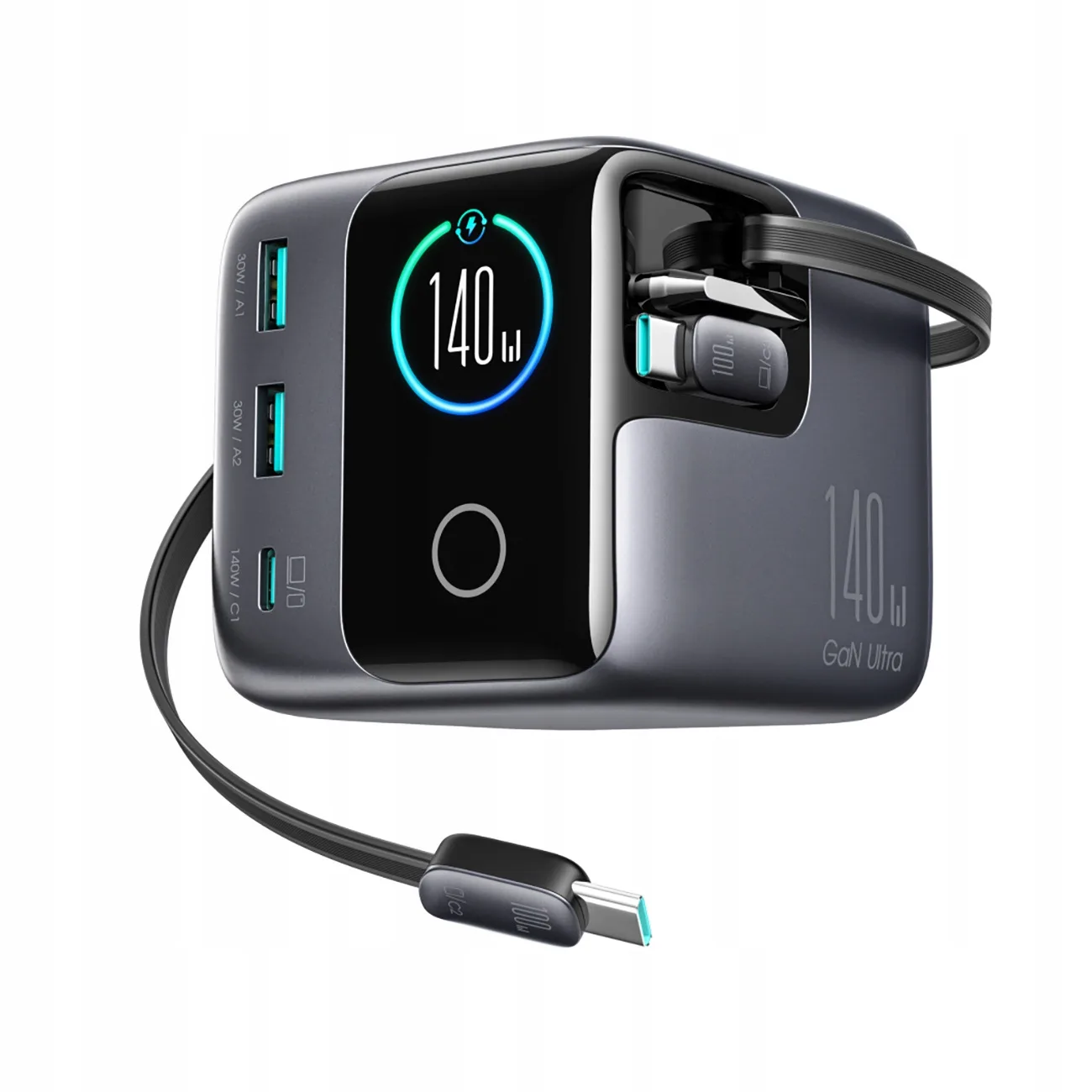 شاحن جوي روم Podix GaN بقدرة 140W مع كابلين USB-C قابلين للسحب أسود