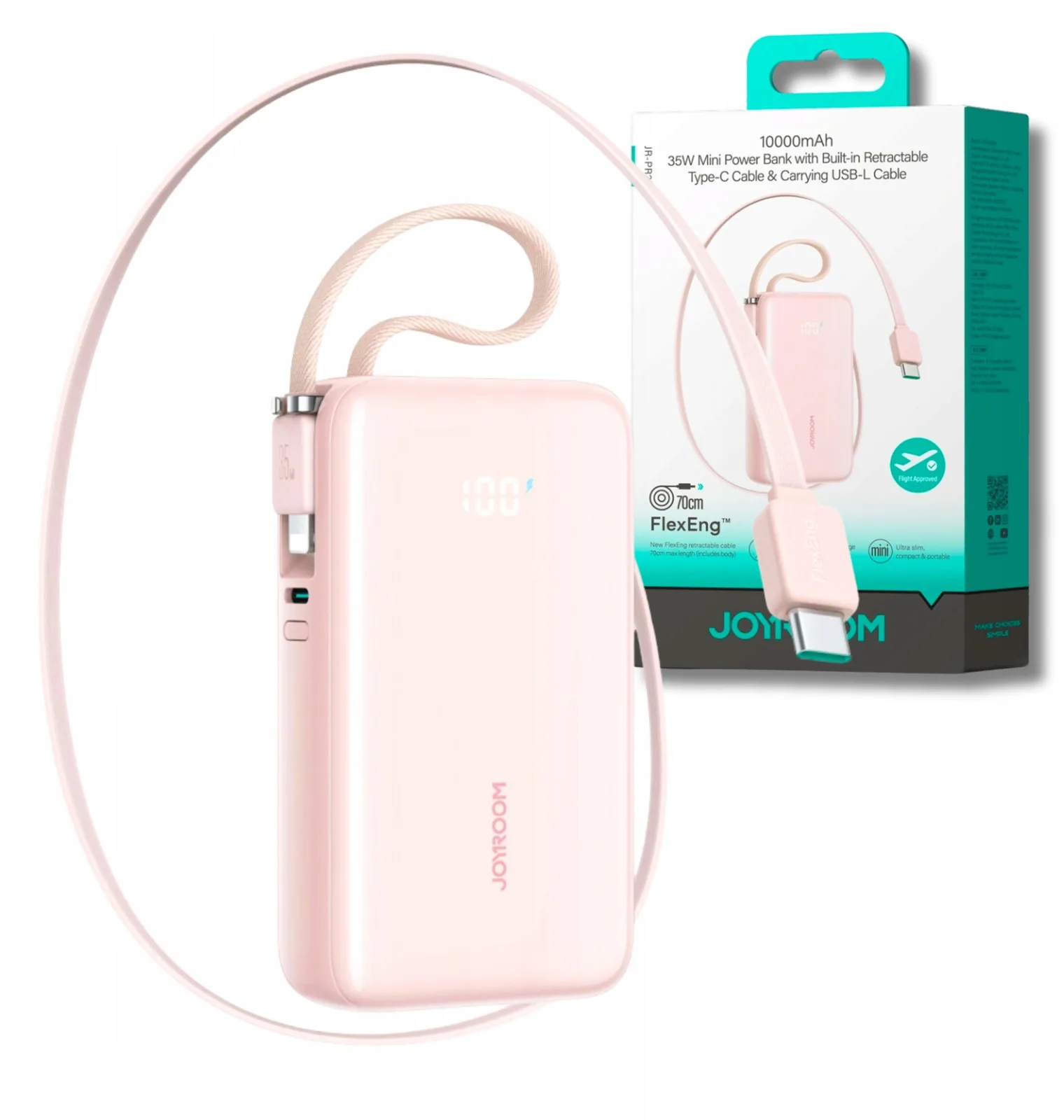 بنك طاقة جوي روم JR-PR2L سعة 10000mAh شحن 35W مع كيبل USB-C مدمج وردي