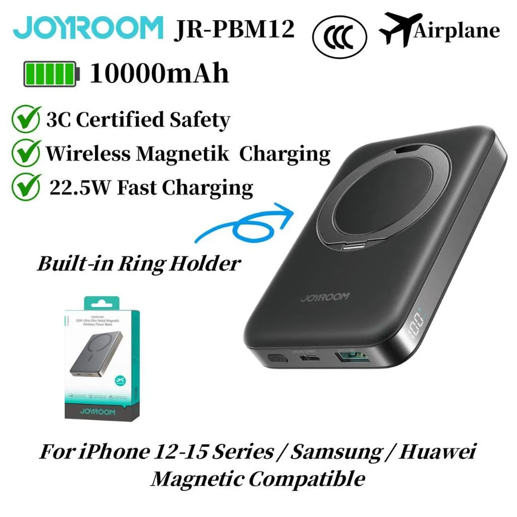 بنك طاقة جوي روم JR-PBM12 سعة 10000mAh شحن 22.5W وMagSafe لاسلكي 15W أسود